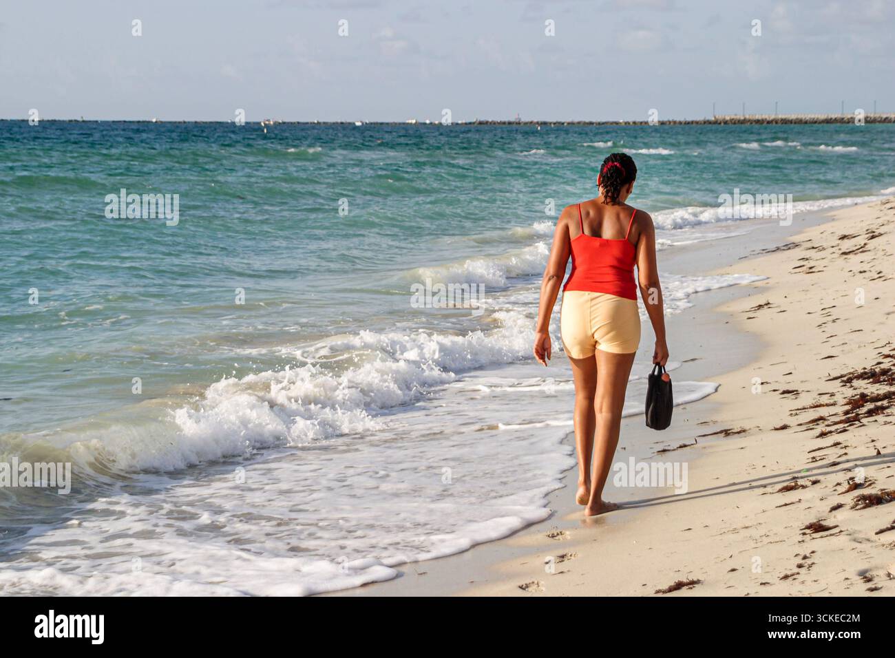 Miami Beach Florida, schwarzafrikanische Afrikaner, Erwachsene Frau weibliche Frauen, Strandgänger Spaziergänge am Ufer des Atlantischen Ozeans surfen, Stockfoto