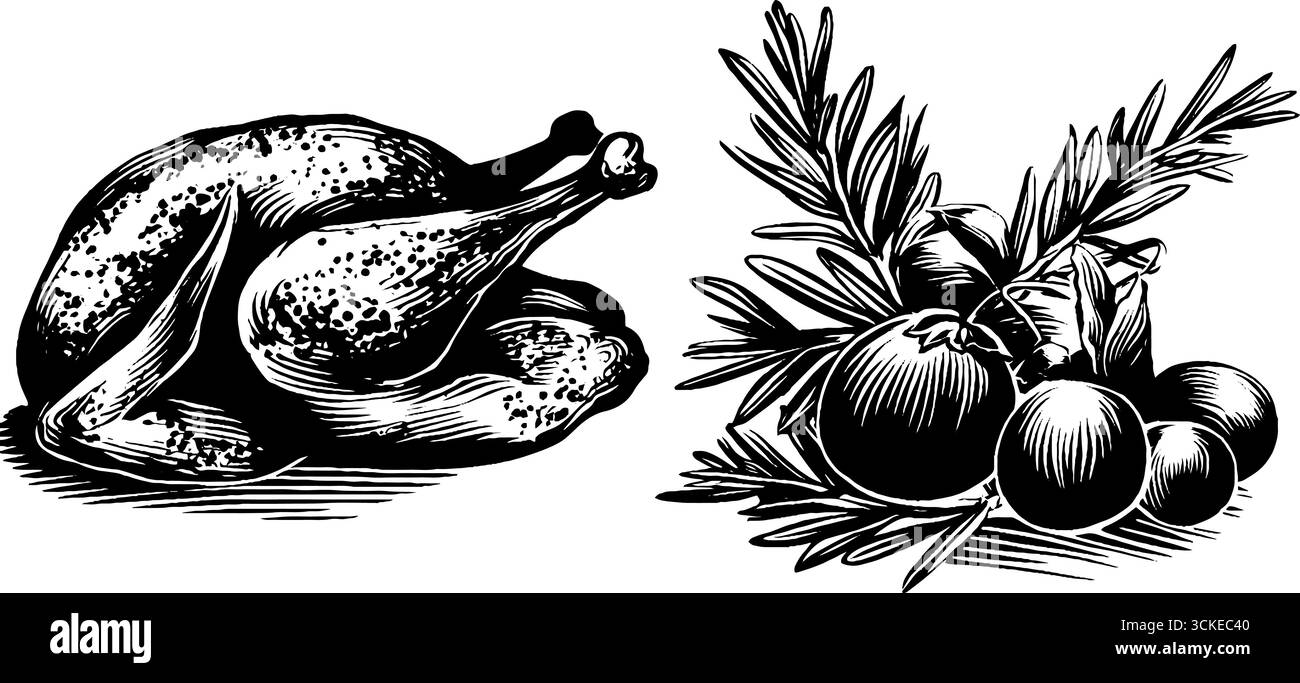 Festliches kulinarisches Gravurset aus gebratenem truthahn und Gemüse der Saison für die Weihnachtsdekoration oder Menügestaltung. Stock Vektor