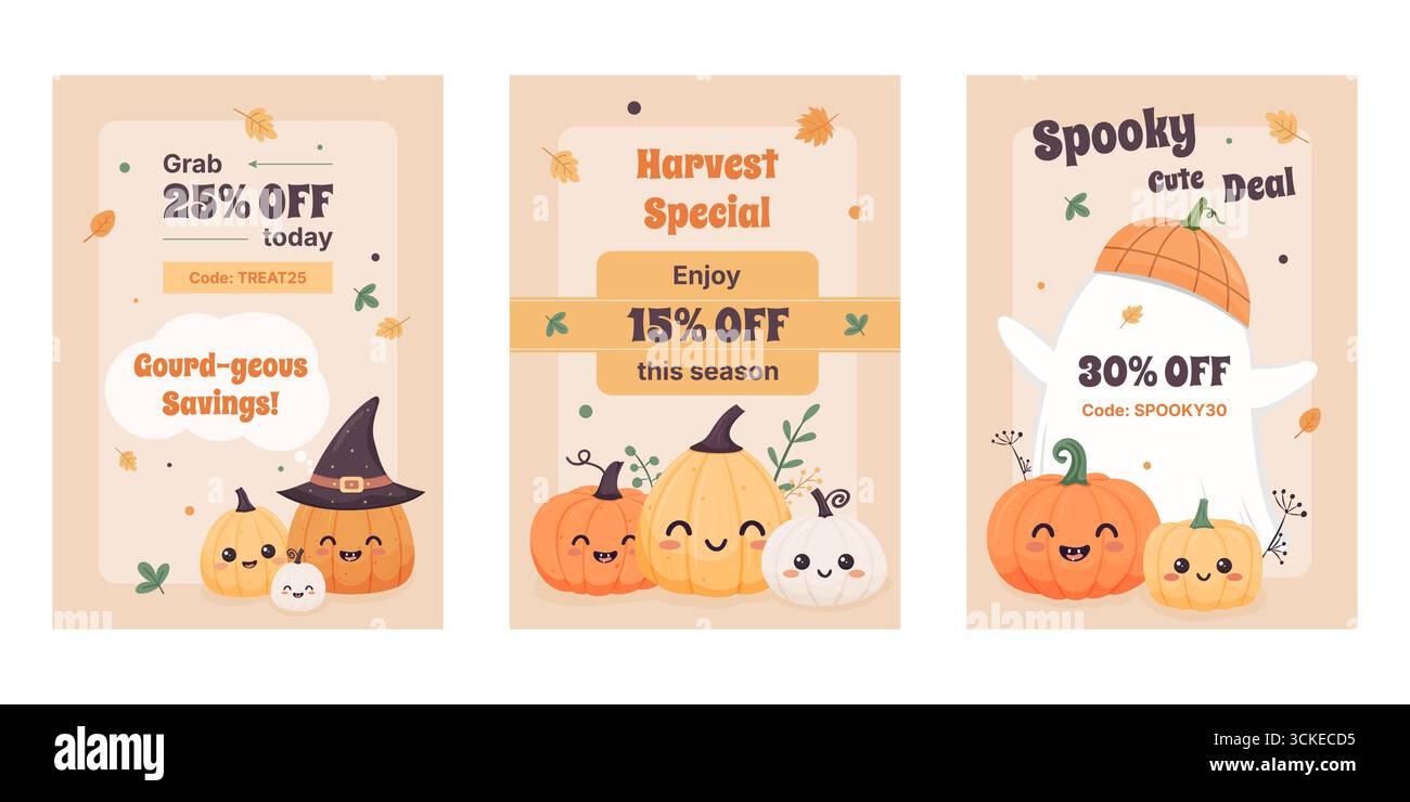 Rabattbanner im Herbst mit lächelnden Kürbissen und Geisterfiguren auf beigefarbenem Hintergrund. Stock Vektor
