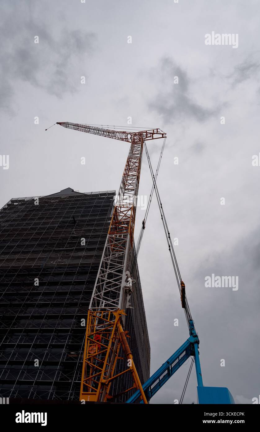 Über der fünfstöckigen Pagode des Kofuku-JI-Tempels in Nara erhebt sich ein hoch aufragender Kran Stockfoto