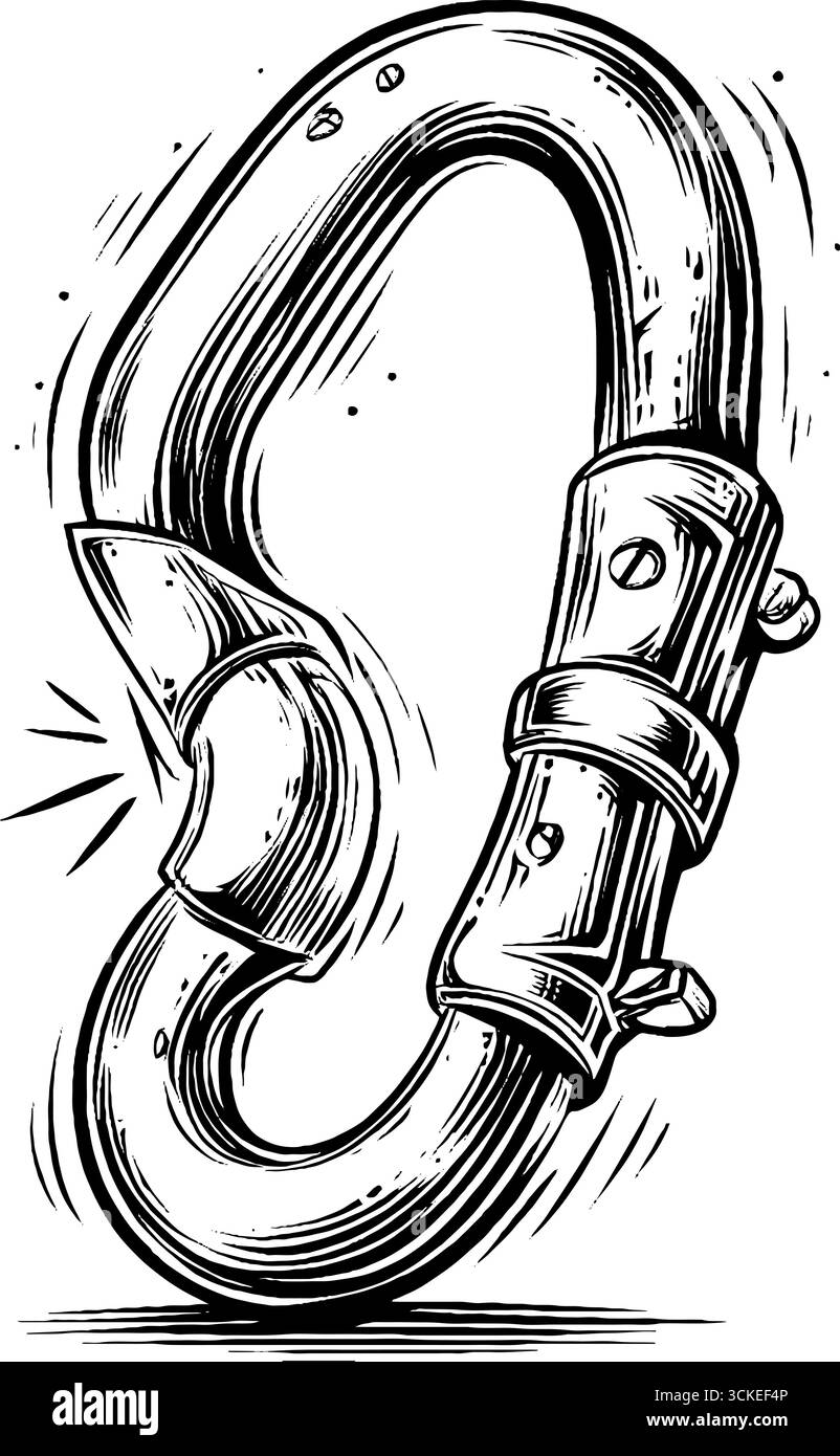 Vintage-Gravur eines Kletterkarabiners für Outdoor-Abenteuer. Stock Vektor