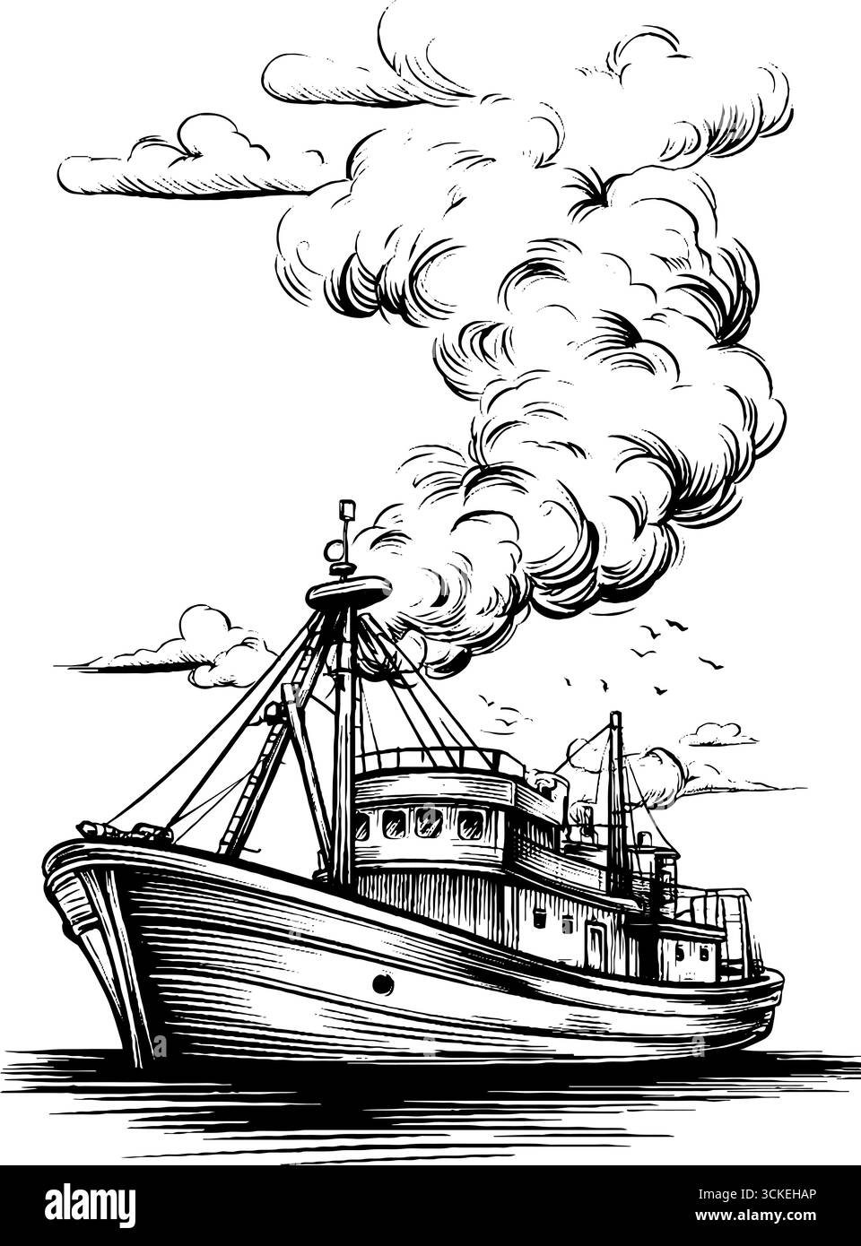 Vintage-gravierte Illustration eines Fischtrawlers für nautisches Design. Stock Vektor