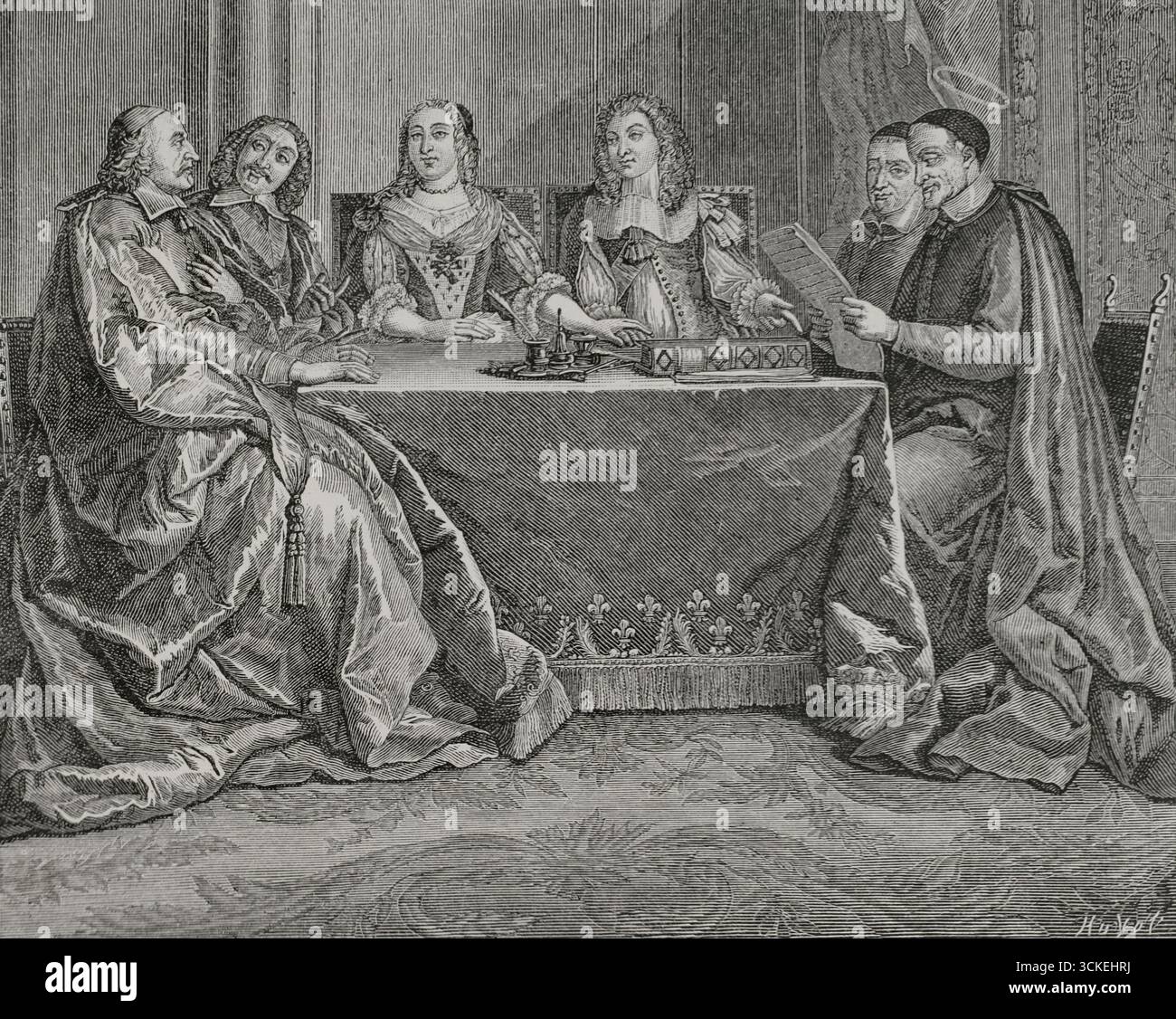 Anne von Österreich (1601-1666). Königin von Frankreich und Navarra (1615–1643) durch ihre Heirat mit König Ludwig XIII. Von Frankreich. Königliche Regentin von 1643 bis 1651. Regency Council von Anne von Österreich. Der Conseil de Conscience: Vincent de Paul liest vor Kardinal Mazarin, Pierre Séguier, Jacques Charton, Königin Anne von Österreich und König Ludwig XIV., 1650. Stich von Huyot nach dem Gemälde des französischen Künstlers Jean-Francois de Troy (1679–1752), Stich von Scotin. XVIIme siècle: lettres, Sciences et Arts, Frankreich 1590-1700 (17. Jahrhundert: Briefe, Wissenschaften und Künste), von Paul Lacroix. Veröffentlicht in Paris Stockfoto