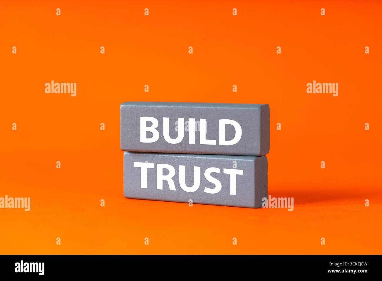 Build Trust auf grauen Holzblöcken geschrieben. Ein Symbol des Vertrauens in Leben und Geschäft. Konzeptionelle Wörter. Pflege von Beziehungen und guter Zusammenarbeit. B Stockfoto