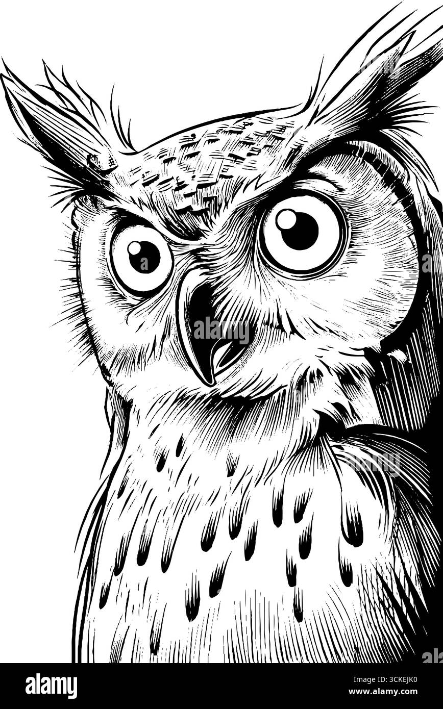 Aufwändige Eulenkopfgravur – künstlerisches schwarzes Design für Poster und Karten. Stock Vektor