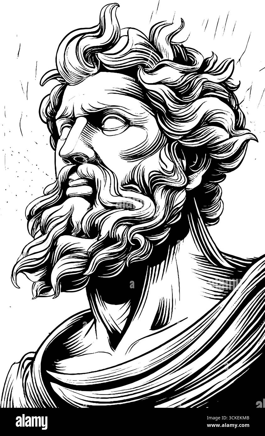 Gravierte Illustration des römischen Gottes in auffälligen schwarzen Linien – Design für Poster und Karten. Stock Vektor