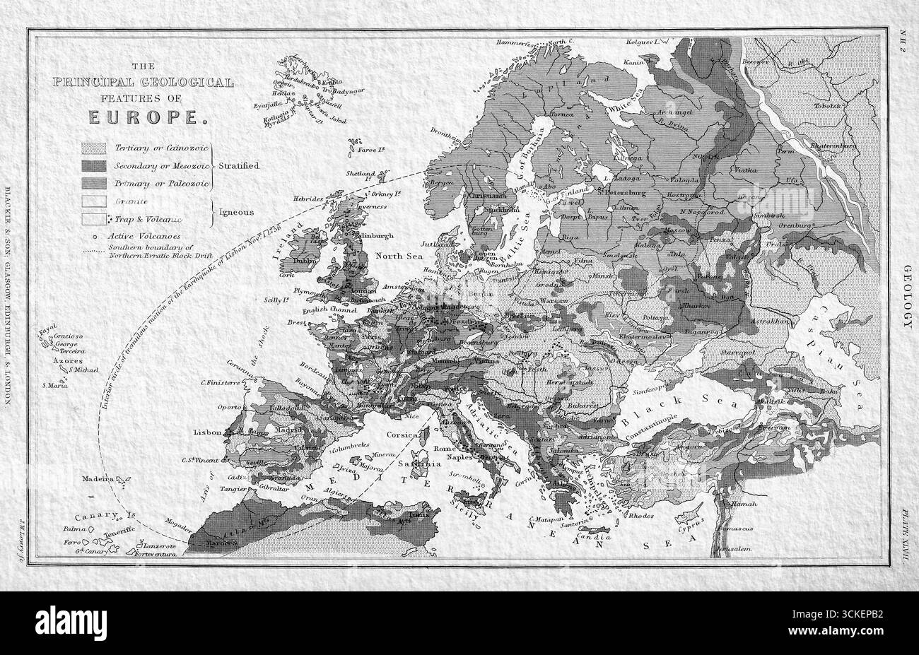 Geologie, die wichtigsten Merkmale Europas - Oliver Goldsmith 1820 geologische Karte Europas - Antike Wissenschaftliche Karte Stockfoto