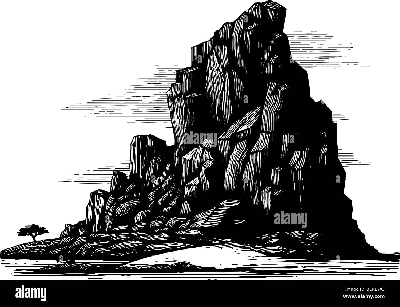 Gravierte Illustration einer felsigen Klippe mit einsamem Baum - Retro-Natur-Landschaftsdesign. Stock Vektor