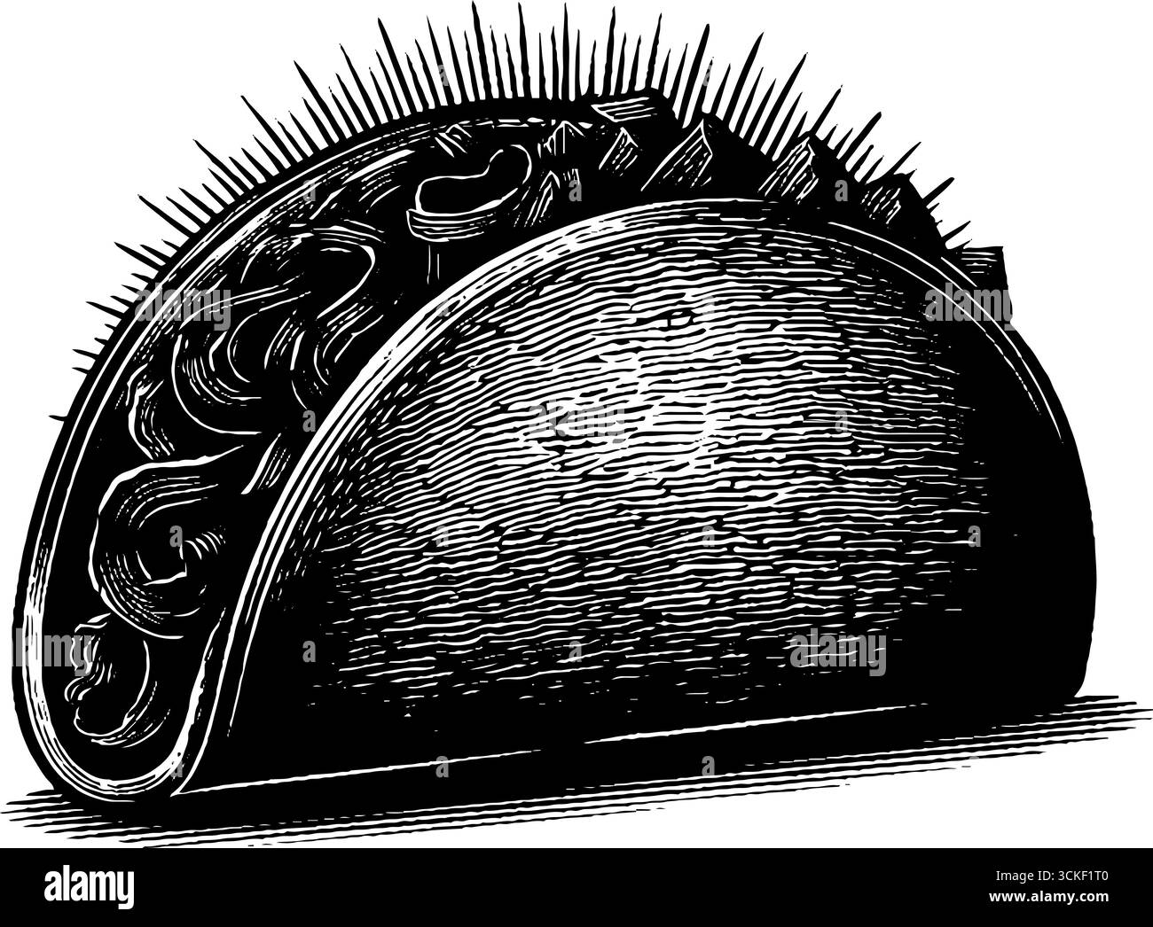 Gravierte Taco-Illustration mit kräftigen schwarzen Linien für Retro-Designs. Stock Vektor