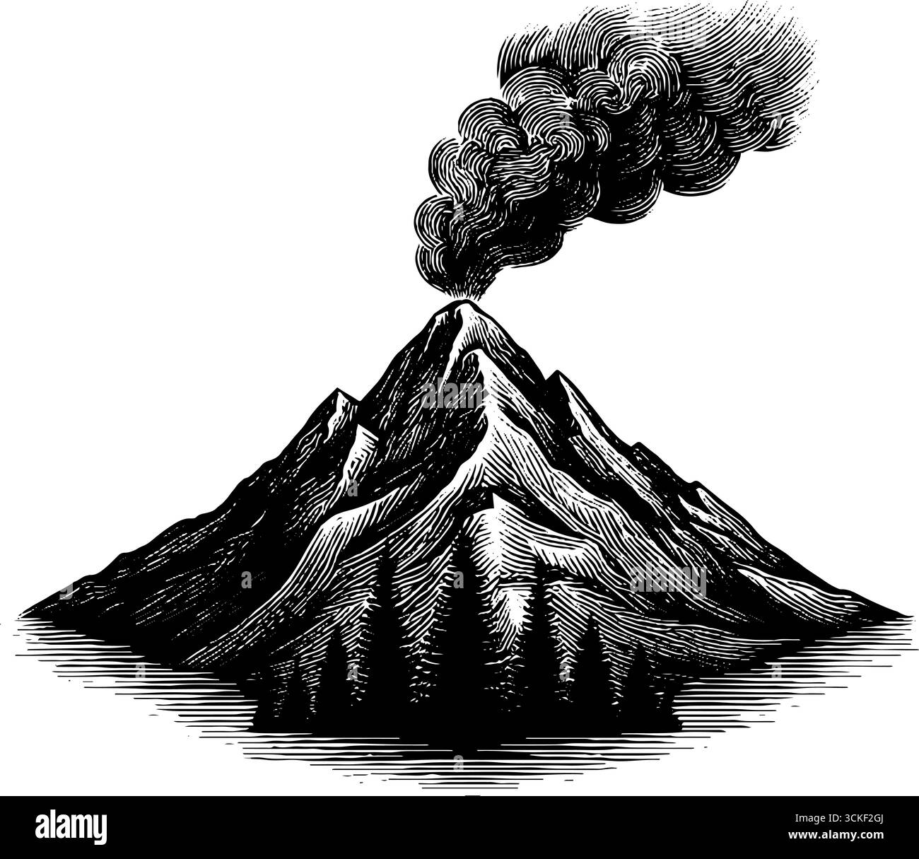 Vintage Gravur des vulkanischen Berges mit Rauchausbruch - künstlerische Naturszene. Stock Vektor