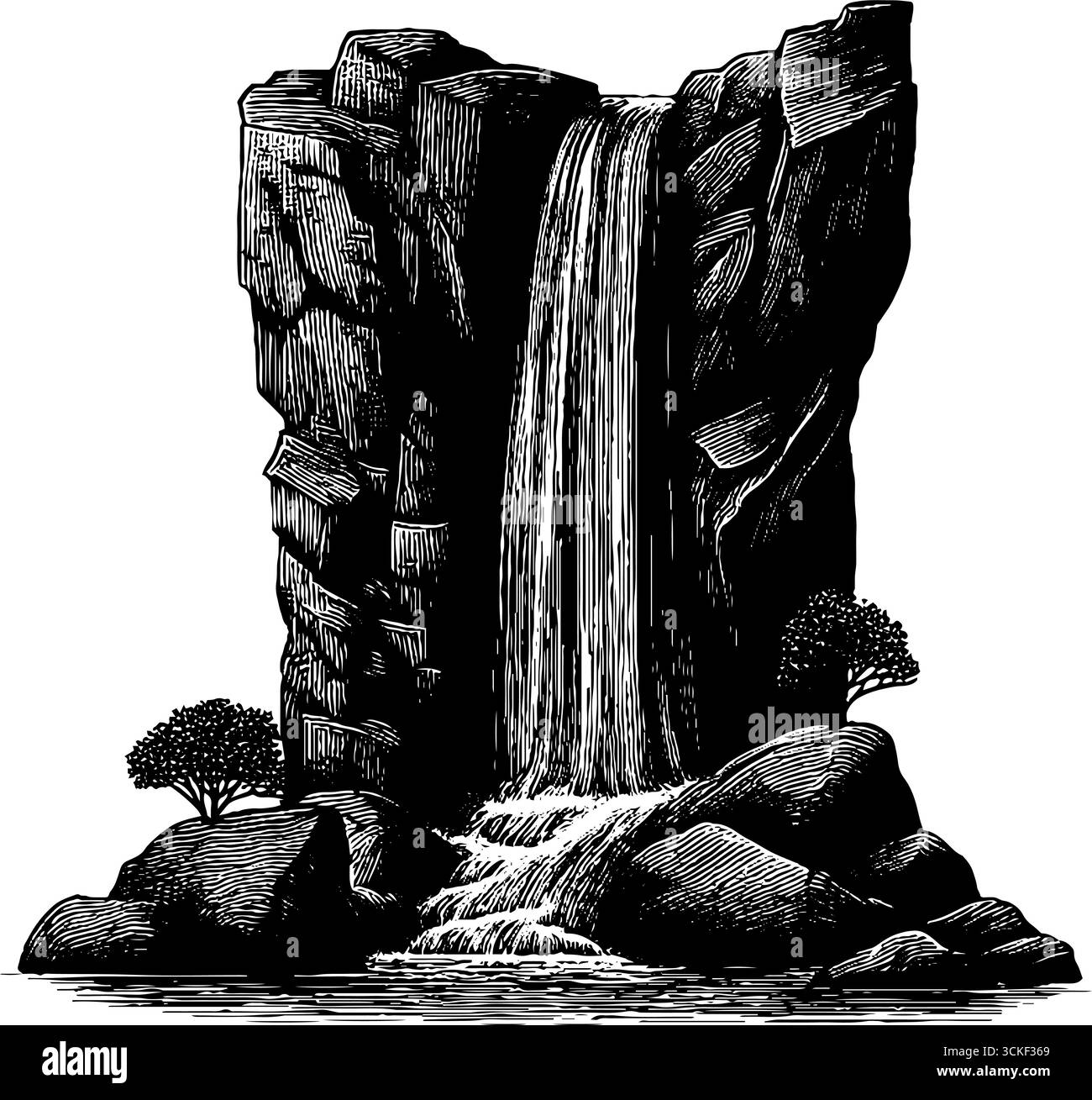 Vintage-Gravur eines majestätischen Wasserfalls, der durch felsige Klippen mit Bäumen herabstürzt. Stock Vektor