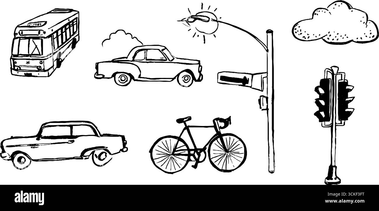 Schwarz-weiße Transportskizzen mit Autos, Bus, Fahrrad und Ampeln für kreatives Design. Stock Vektor