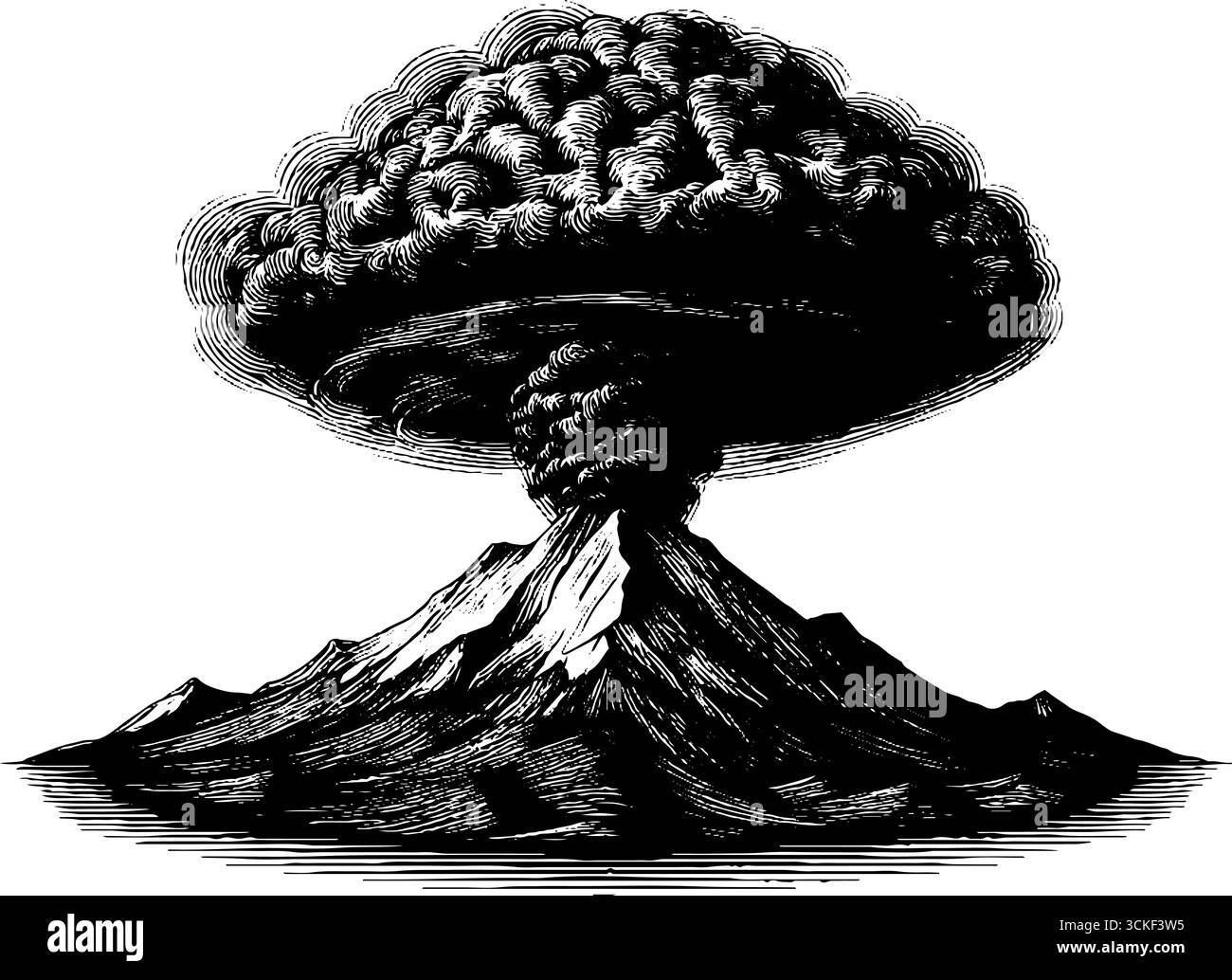 Vintage-Gravur des Vulkanausbruchs – handgezeichnete Silhouette für Retro-Design und -Druck. Stock Vektor