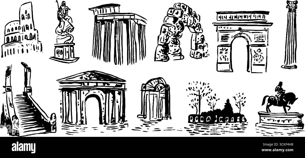 Schwarz-weiße Skizzen-Illustrationen mit ikonischen architektonischen Bögen und Wahrzeichen. Stock Vektor