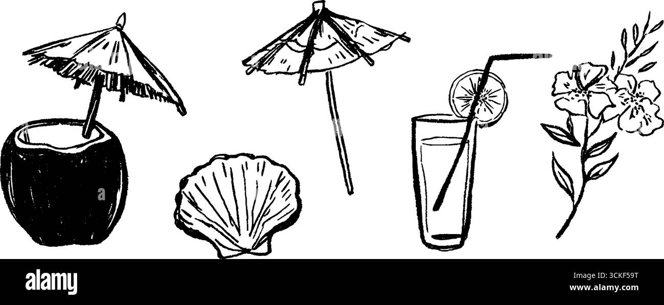 Tropical Elements Kollektion: Kokosnussgetränk, Schale, Regenschirm, Blumendesign für kreative Projekte. Stock Vektor