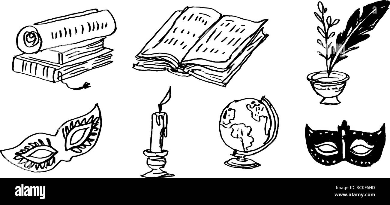 Vintage-Skizzen für literarische und kulturelle Elemente für Designprojekte. Stock Vektor