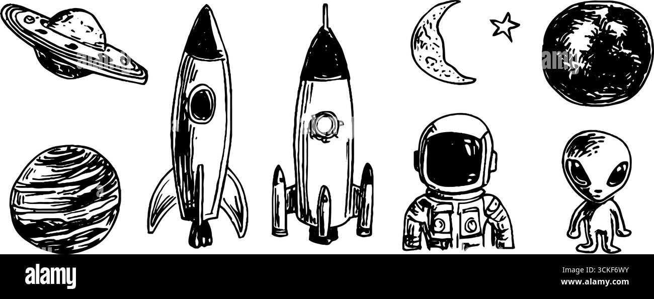 Handgezeichnete Skizzen mit Weltraumthemen mit Raketen, Planeten und Astronauten. Stock Vektor