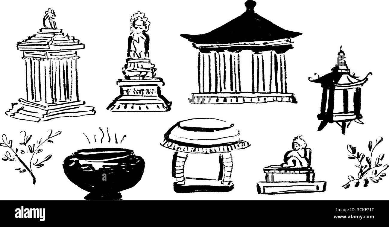 Schwarz-weiße Skizzen-Illustration Set mit Tempeln und religiösen Strukturen für Design und Dekoration. Stock Vektor Schwarz-weiße Skizzen-Illustration Set mit Tempeln und religiösen Strukturen für Design und Dekoration. Stock Vektor
