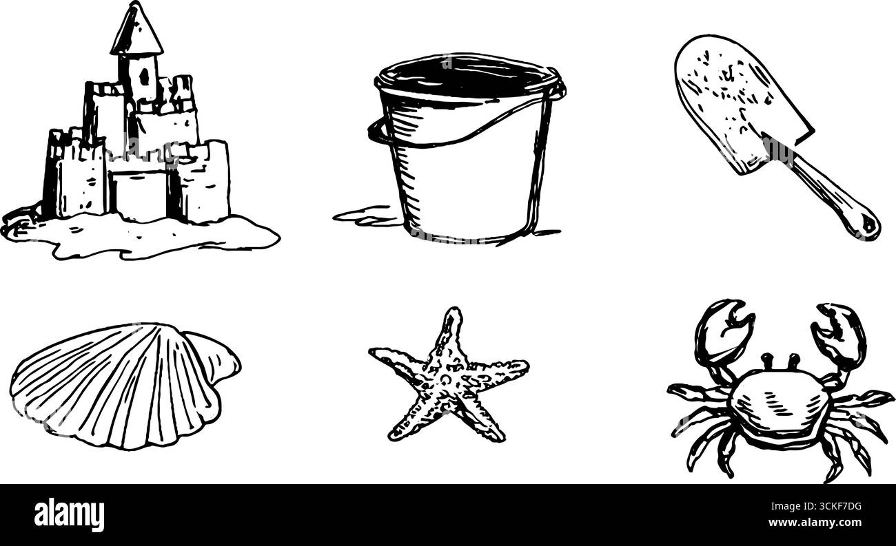 Schwarz-weiße Sketch-Set mit Sandburg-Strandspielzeug und Meeresbewohnern zum Design. Stock Vektor