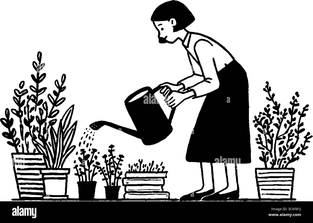Minimalistische Schwarz-weiß-Illustration einer Person, die Pflanzen tränkt. Stock Vektor