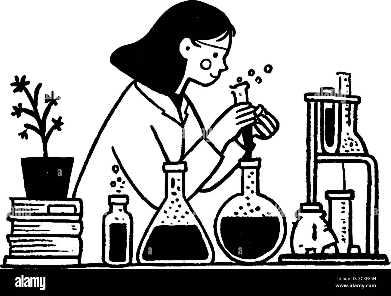 Minimalistische Schwarz-weiß-Illustration eines Wissenschaftlers mit Laborausstattung. Stock Vektor