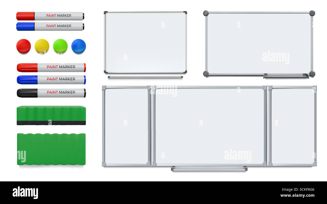 Präsentationstafel. Whiteboard für das Büro. Weiße Anschlagtafel für Unternehmen mit Markierstift und Staubbeutel. Realistische Tafel im Klassenzimmer. Schulbildung. Magnetclip. Vektor-isolierter Lerngeräte-Satz Stock Vektor
