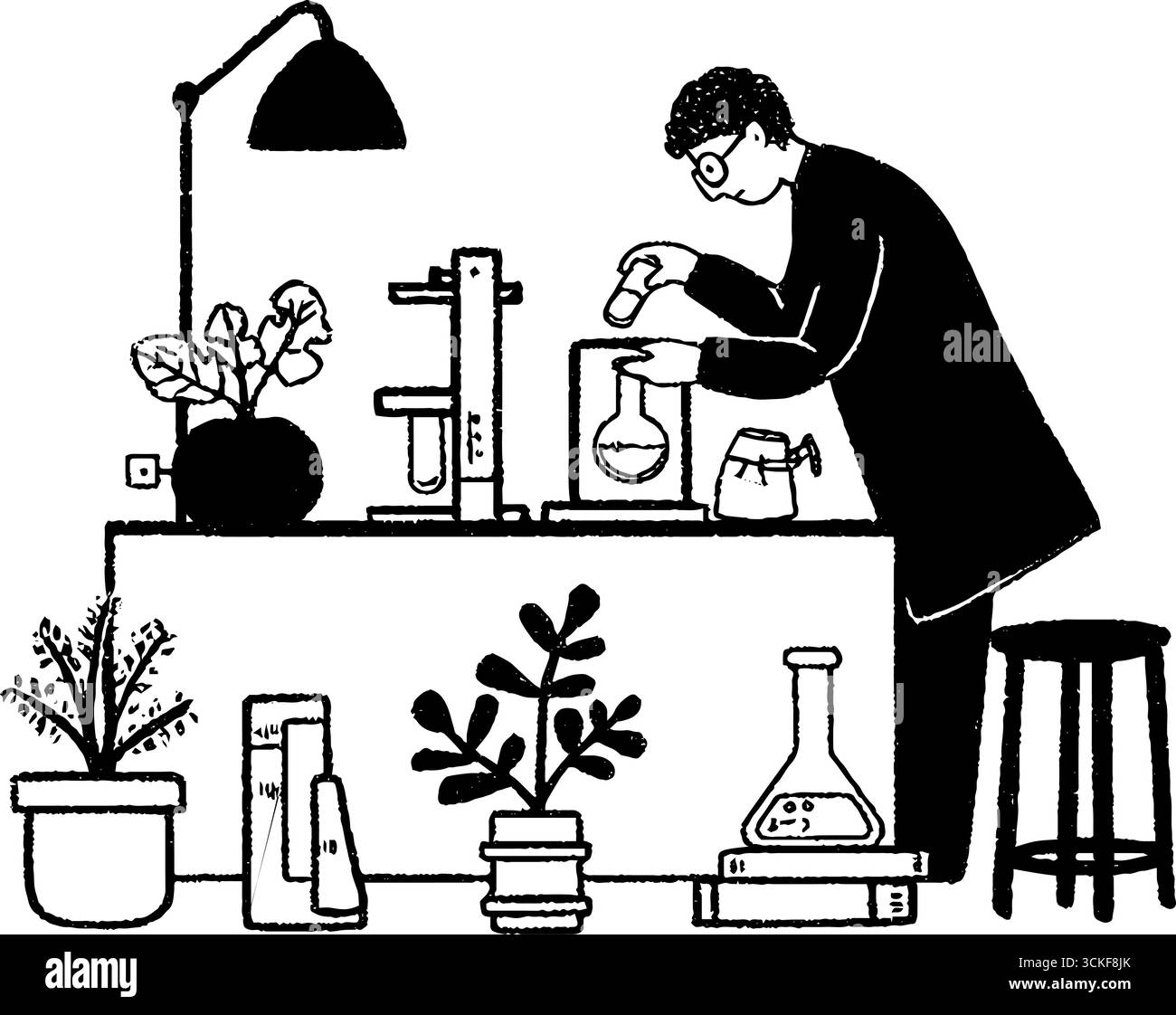 Minimalistische Schwarz-weiß-Illustration eines Chemikers im Labor. Stock Vektor