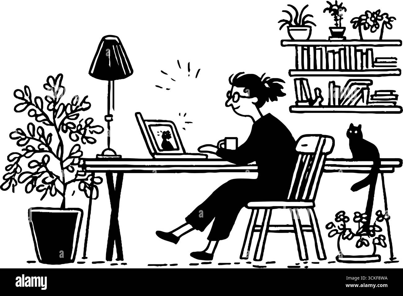 Minimalistischer Schwarzweiß-Arbeitsbereich mit Person und Katze. Stock Vektor