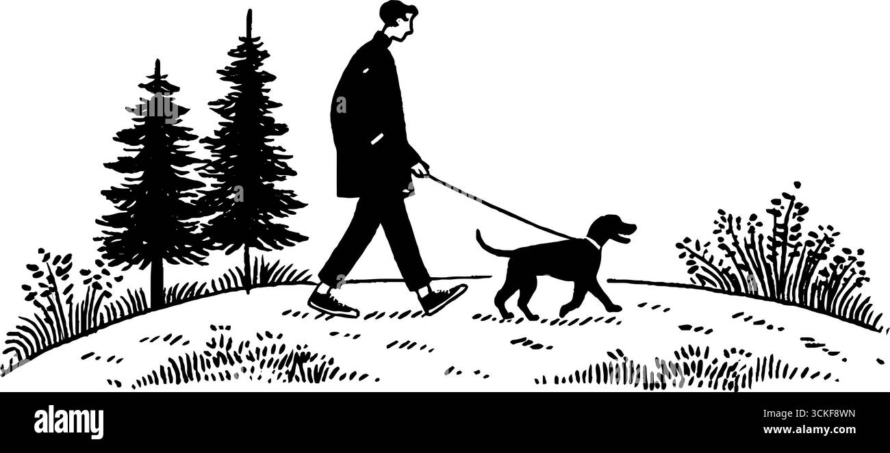 Minimalistische Schwarz-weiß-Illustration eines Mannes, der einen Hund in der Naturszene geht. Stock Vektor