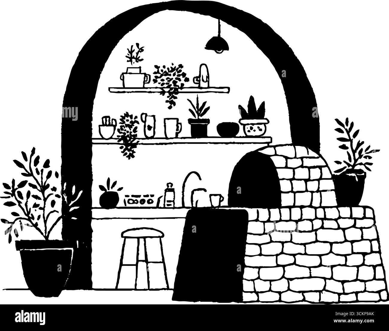 Minimalistische schwarz-weiße Küchenillustration mit Backofen und Topfpflanzen. Stock Vektor