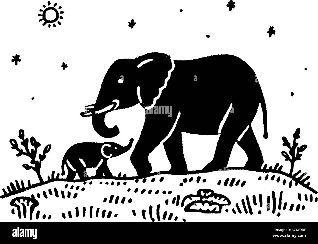 Minimalistische Schwarz-weiß-Illustration eines Elefanten und Kalbes in der Natur. Stock Vektor