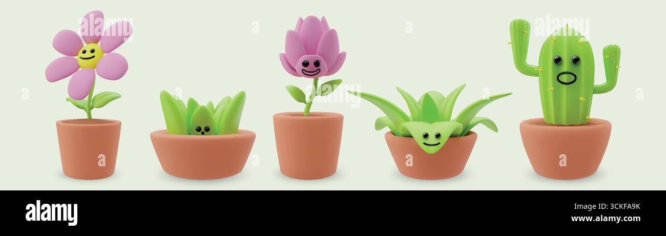 3D-Pflanzen. Blumenkaktus, süßes saftiges Gesicht im Topf oder grüner Kawaii-Blumentopf. Dekorative sansevieria, Zimmerpflanzen in Töpfen. Isolierte Elemente des Hochglanz-Renderfilms. Vektorabbildung Stock Vektor