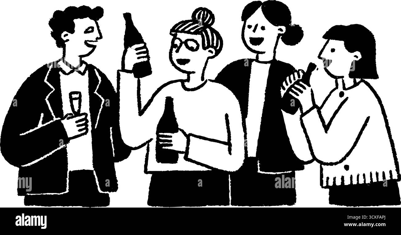 Minimalistische Schwarzweiß-Feier-Illustration – Gruppentreffen mit Getränken. Stock Vektor