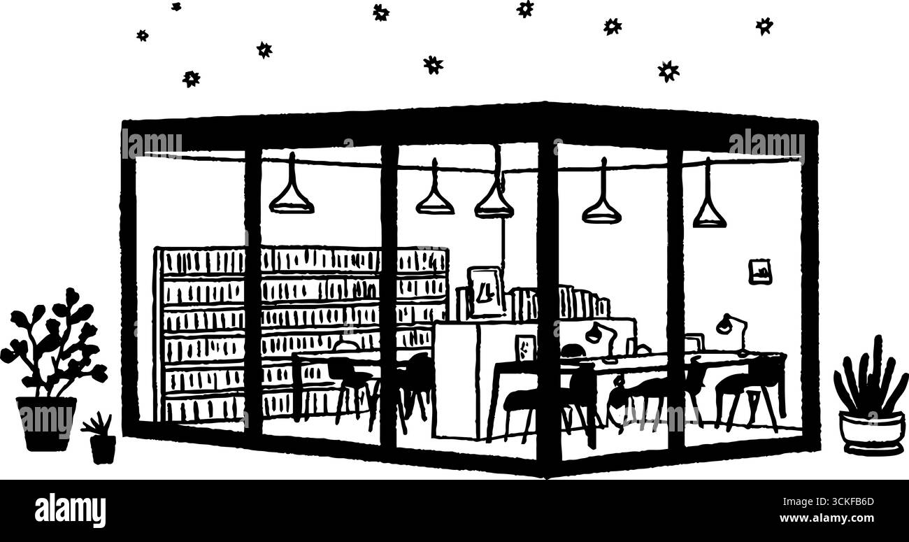 Minimalistische Schwarz-weiß-Illustration eines modernen Bibliotheksinneren mit Pflanzen und Lampen. Stock Vektor