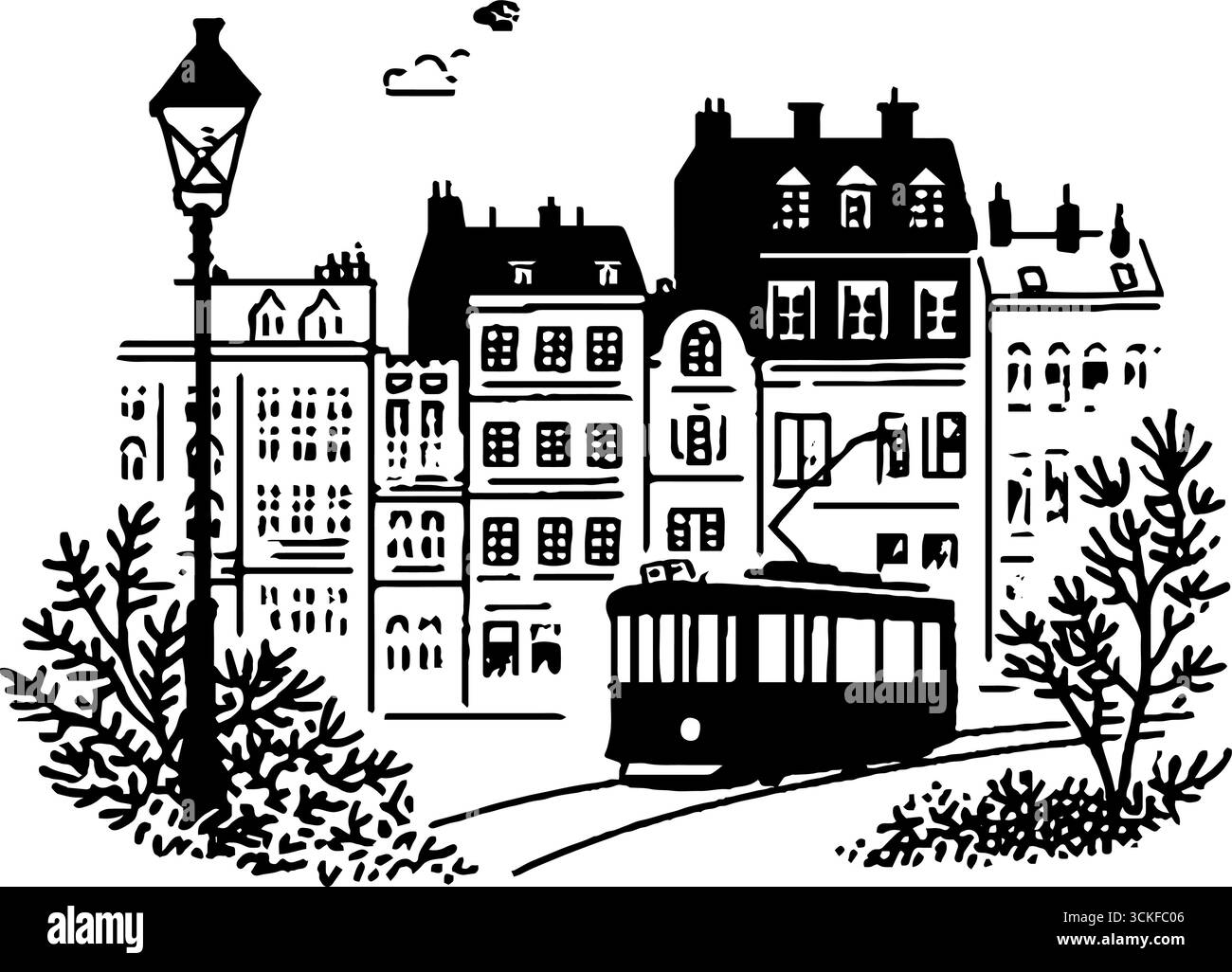 Minimalistisches Schwarz-weiß-Stadtbild mit Straßenbahn und historischer Architektur. Stock Vektor