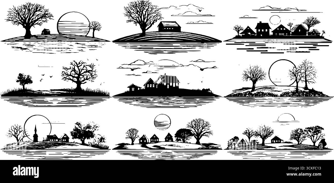 Malerische ländliche Landschaft mit Bäumen und Häusern im künstlerischen Schwarz-weiß-Stil. Stock Vektor