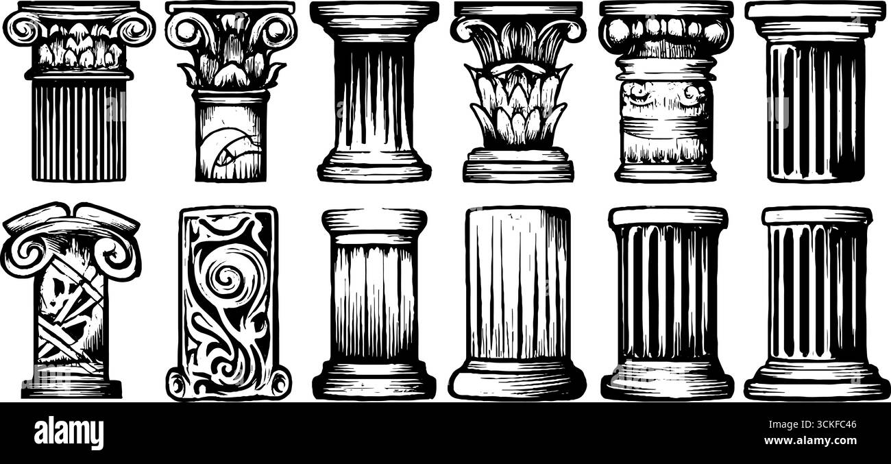 Verschiedene klassische römische und griechische architektonische Säulenkapitelle und Stile. Stock Vektor