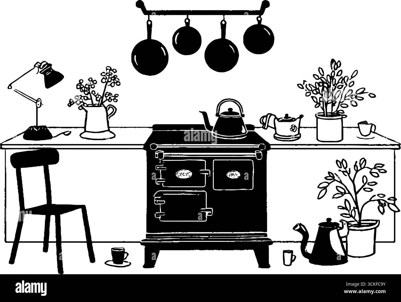 Minimalistische schwarz-weiße Küche mit Vintage-Herd und Elementen zur Inneneinrichtung. Stock Vektor