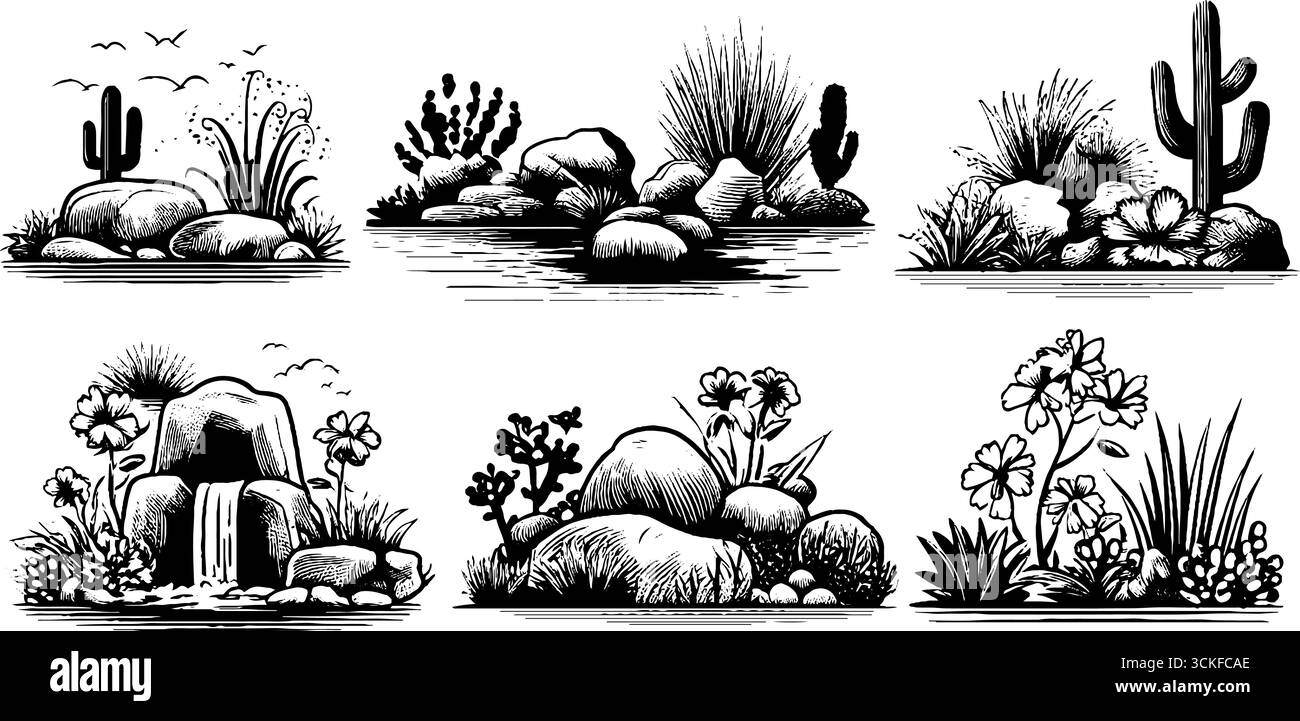 Schwarz-weiße Wüstenlandschaften mit Kakteen und Blumen Illustrationen. Stock Vektor