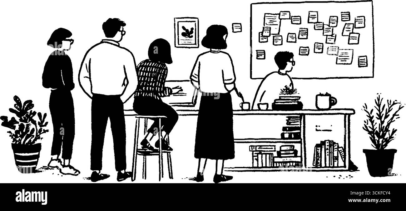 Minimalistische Schwarz-weiß-Illustration der Zusammenarbeit im Büro. Stock Vektor