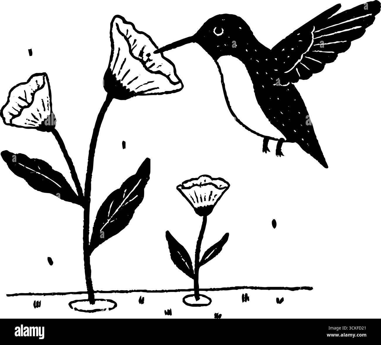 Minimalistische Schwarz-weiß-Illustration von Kolibri und Blumen - von Natur inspiriertes Design für Prints. Stock Vektor