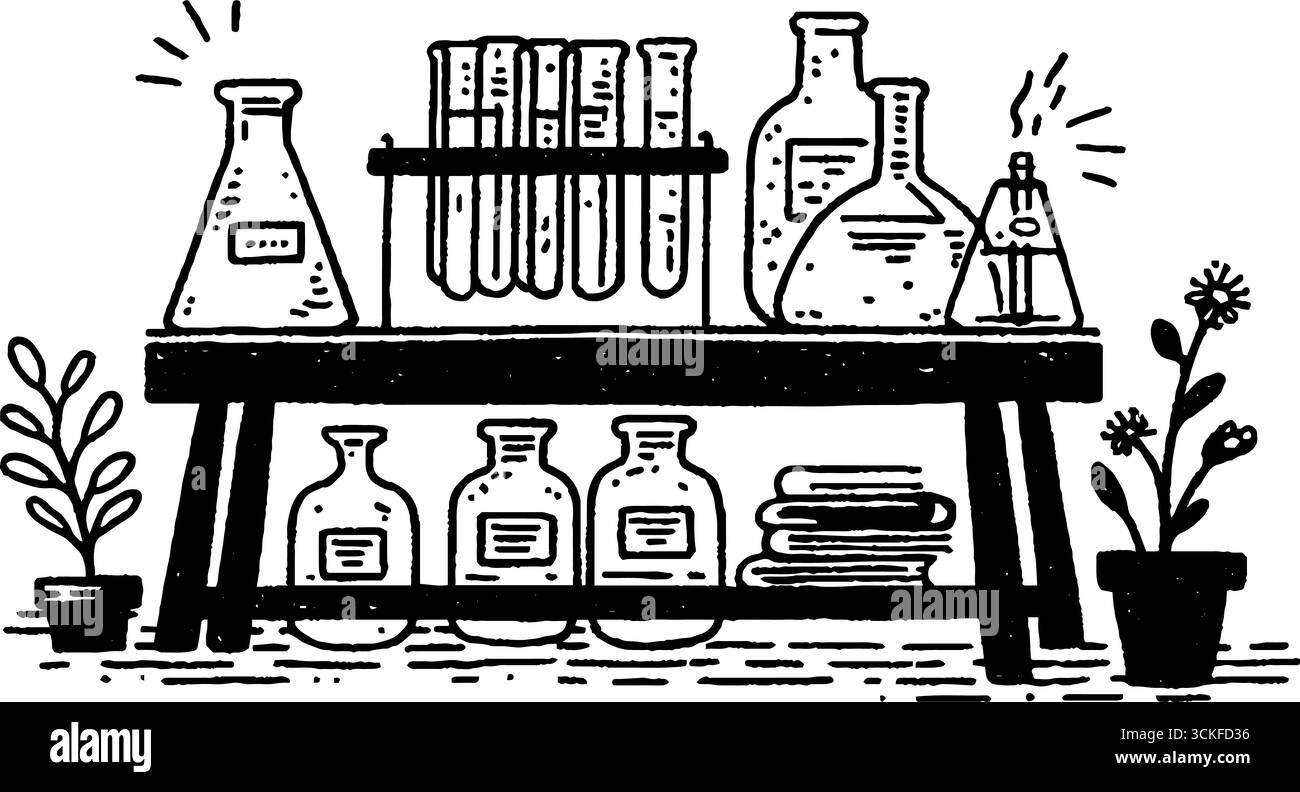 Minimalistische schwarz-weiße Laborabbildung mit Flaschen und Bechern. Stock Vektor