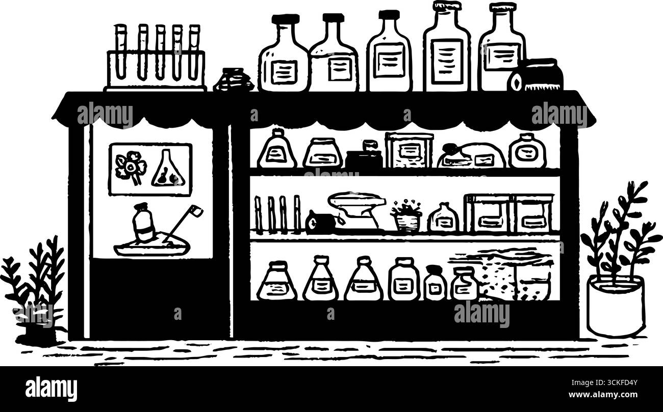 Minimalistische schwarz-weiße Laborabbildung mit Reagenzgläsern und Flaschen für wissenschaftliches Design. Stock Vektor