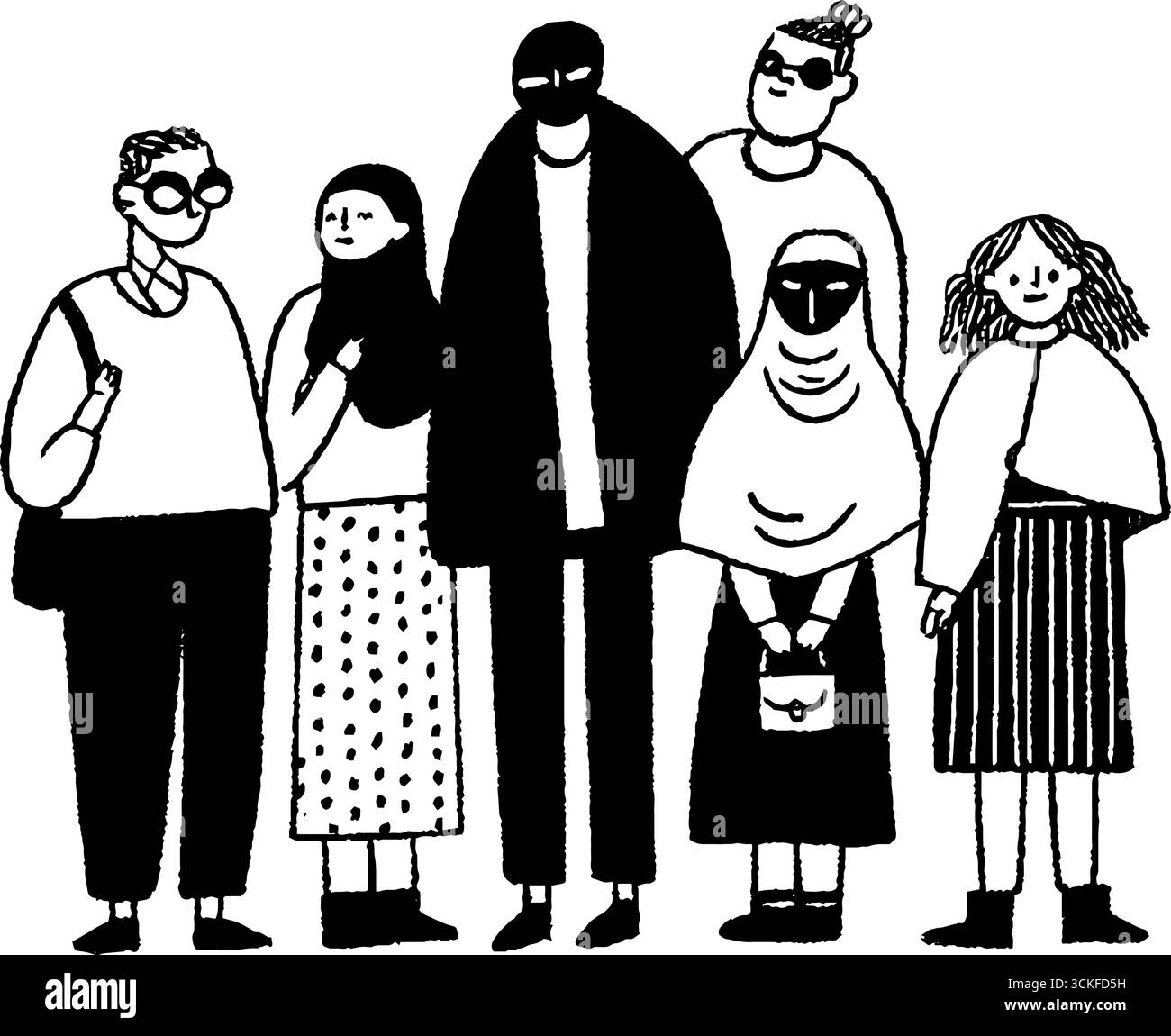 Minimalistische Schwarz-weiß-Illustration von verschiedenen Personen in Gruppen. Stock Vektor