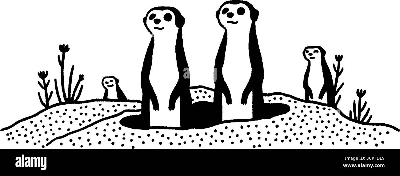 Minimalistische schwarz-weiße Erdmännchen-Illustration mit Naturelementen für künstlerisches Design. Stock Vektor