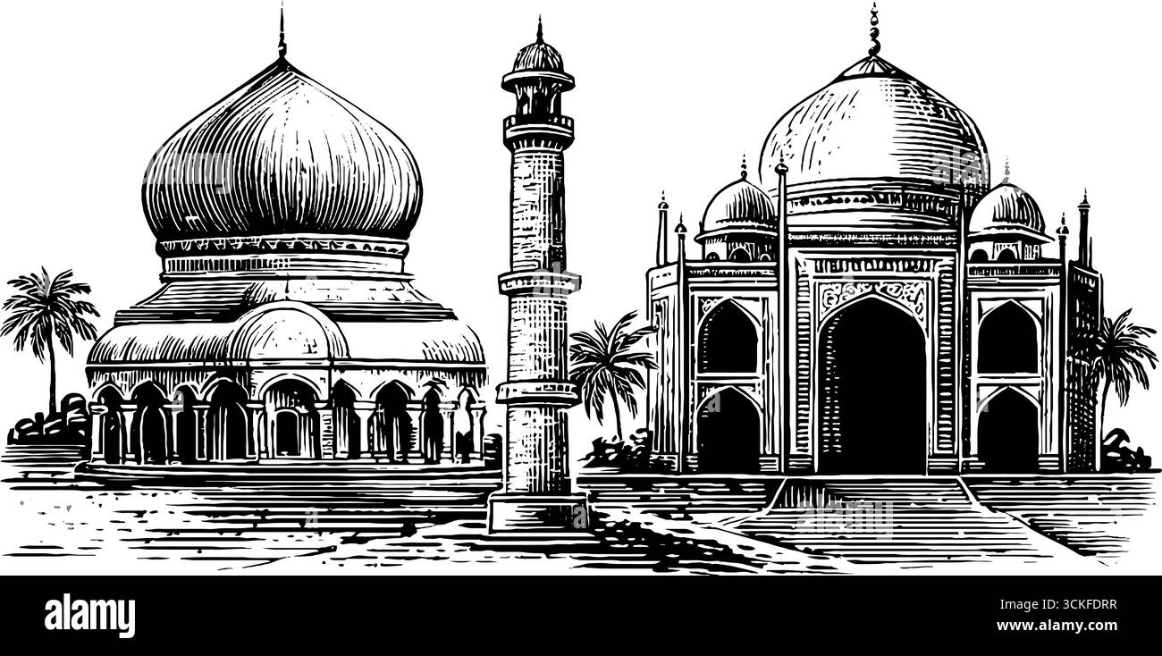 Komplexe Schwarz-weiß-Linienkunst des taj mahal und des Gol Gumbaz mit Palmen. Stock Vektor