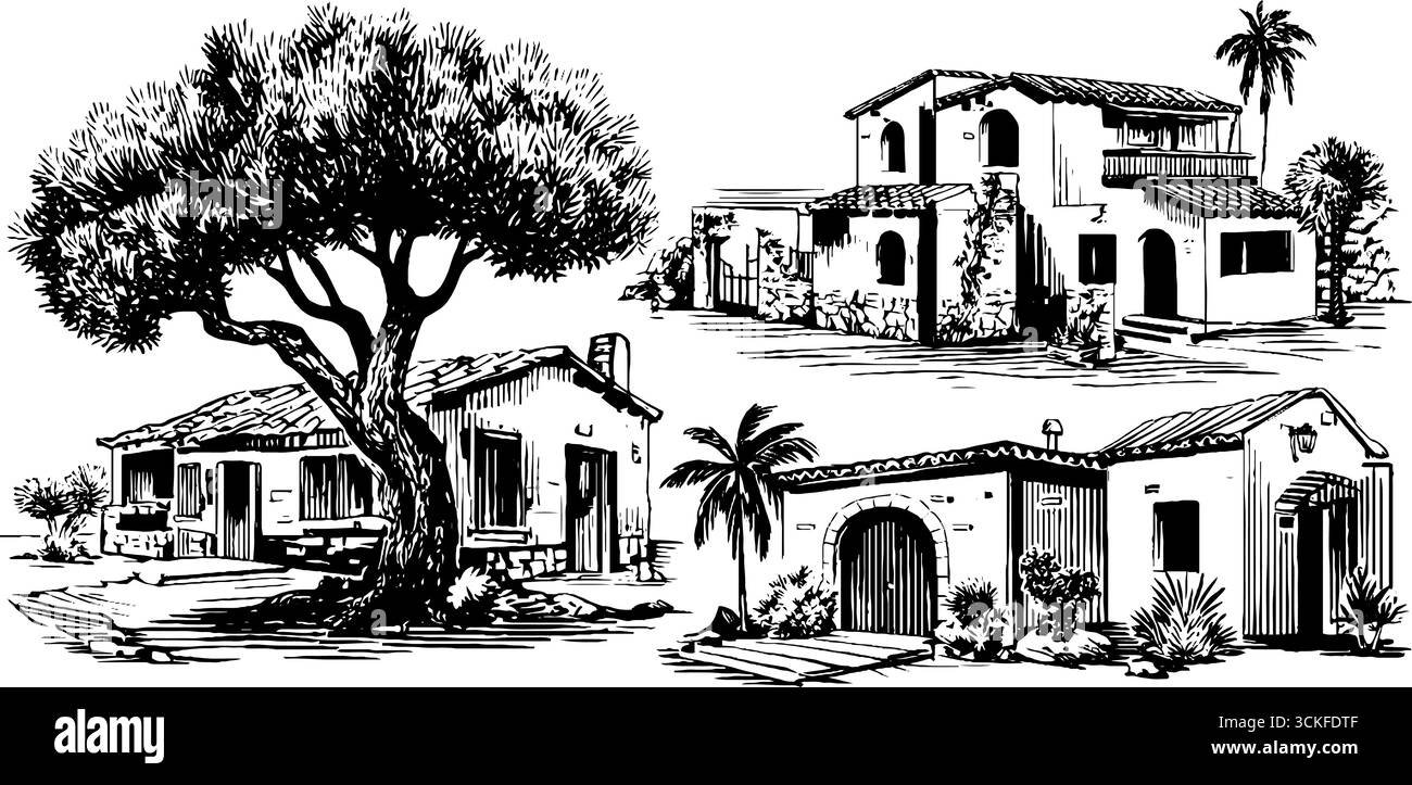 Bezaubernde mediterrane Häuser mit Olivenbäumen und Palmen in Schwarz-weiß-Skizze. Stock Vektor