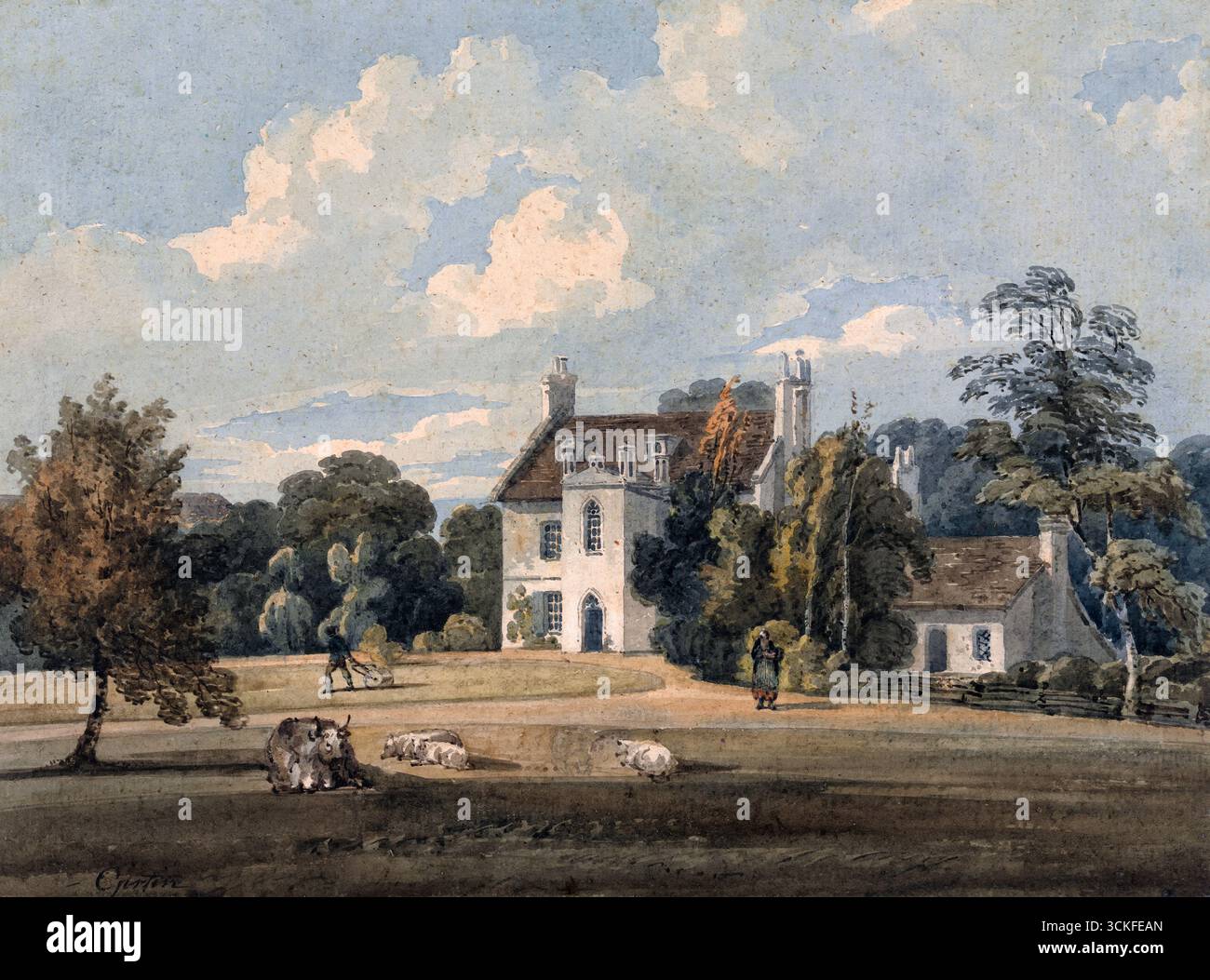 Chalfont Lodge Buckinghamshire Bucks Aquarellstift und schwarzer Tinte Graphit Landschaftsbild Gemälde von Thomas Girtin Kunst Kunstwerk historische Perspektive Vintage Antiquitätendruck englisches Landhaus aus dem 18. Jahrhundert Stockfoto