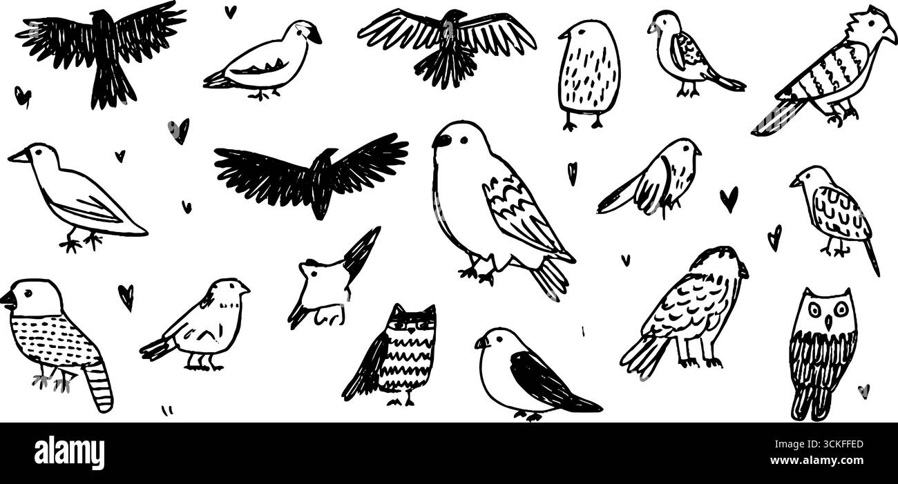 Handgezeichnetes Kritzelset mit Greifvögeln mit Adlern, Falken und Eulen für kreatives Design. Stock Vektor