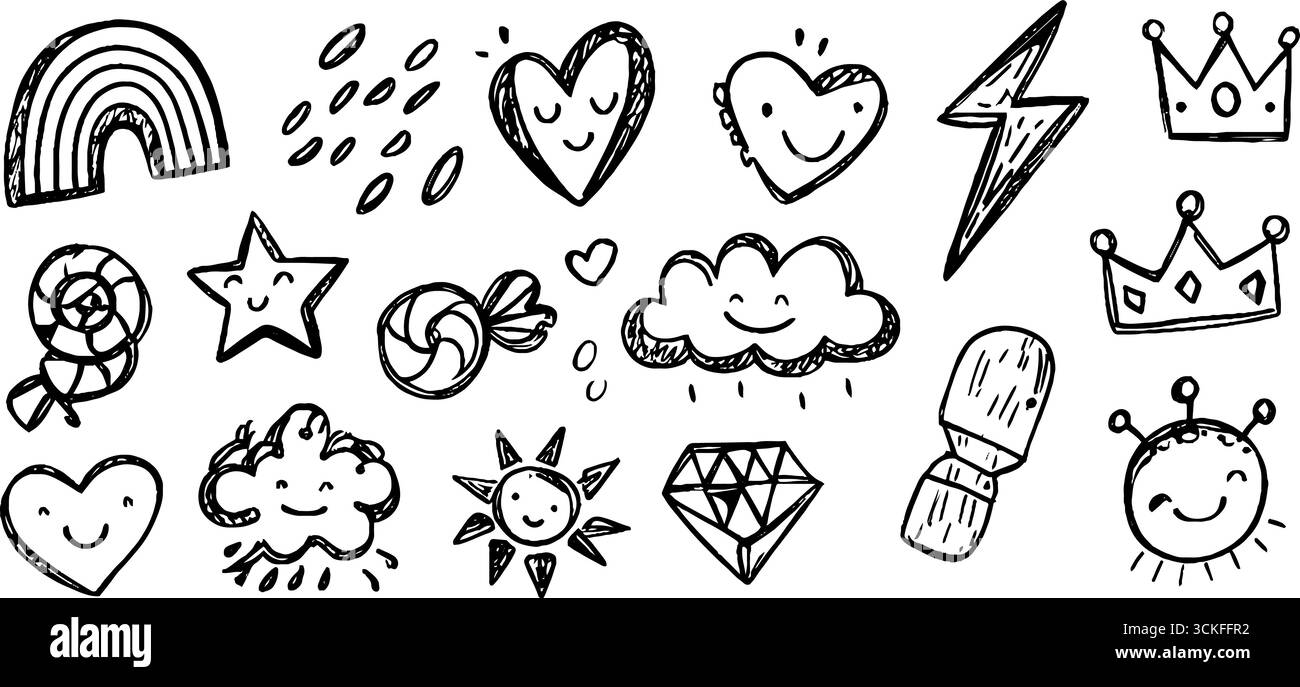 Skurrile Doodle Sticker Set mit Regenbogen, Sternen und Herzen für Kunsthandwerk und Dekoration. Stock Vektor